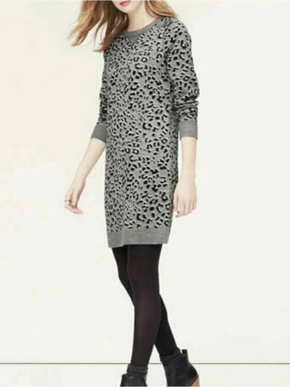LOFT Petites Leopard Print Sweater Dress Gray Black Knit Size XSP